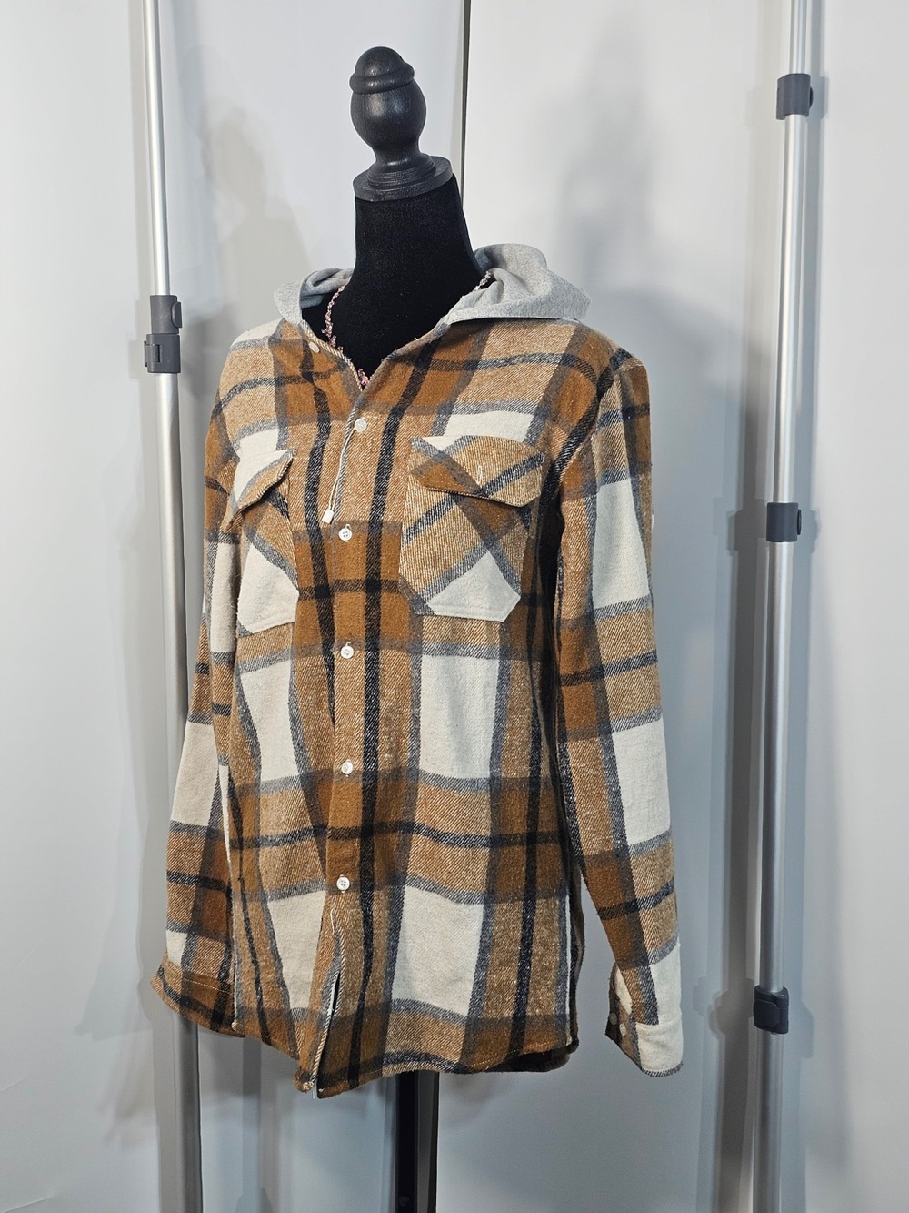 #284 Aime Honpe brown, beige, and white plaid flannel shirt with hood-2XL